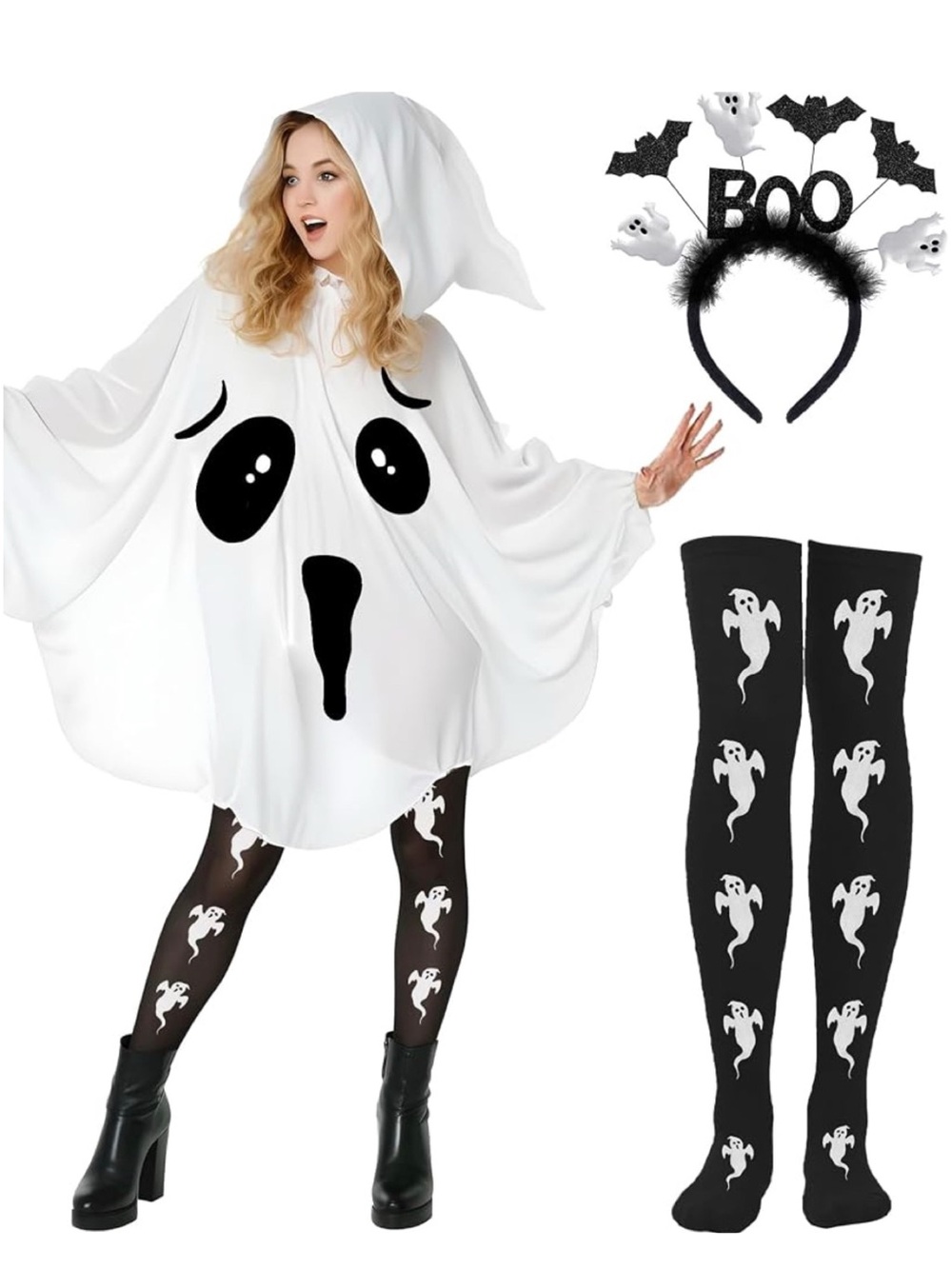 NWT Ghost Halloween Costume Adult Medium/Large w/ Headband & Ghost Tights 3-Piec - Picture 2 of 7
